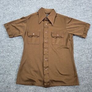 Vintage JC Penney Shirt Men Medium Brown Short‎ Sleeve Dagger Collar Disco 70s